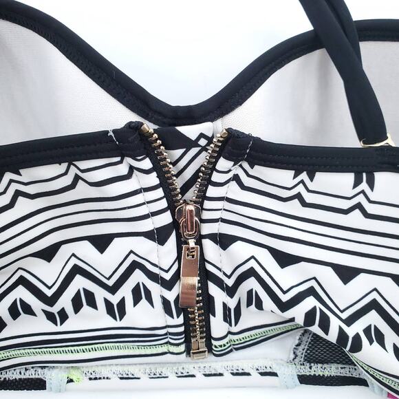 River Island Geometric Colorblock Mesh Bikini Top Zip Back Adjustable Straps 12 - Picture 8 of 8